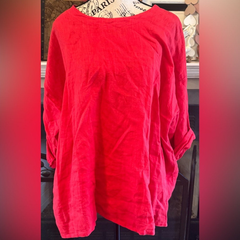 Match Point Made in USA Red Linen Lagenlook Tunic Rolled Sleeves Beach L XL
